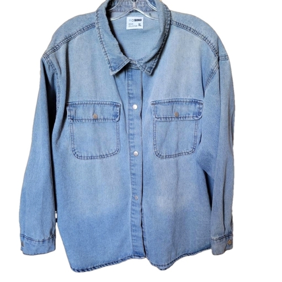 CiSono medium wash faded heavyweight denim snap front long sleeve shirt shacket - Picture 1 of 5